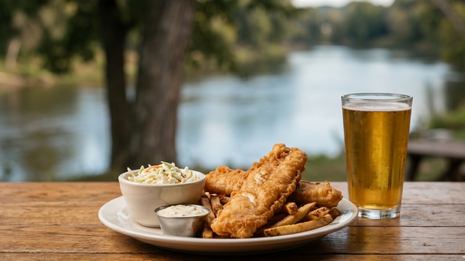 Classic Fish Fry Meal at Bluffton Resort Fish Fry Dining meal with fried fish, fries, and drinks at Bluffton Resort