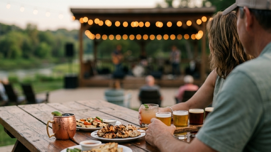 Evening Food and Drinks Near the Outdoor Stage Live Music Events atmosphere with food, drinks, and outdoor entertainment at Bluffton Resort