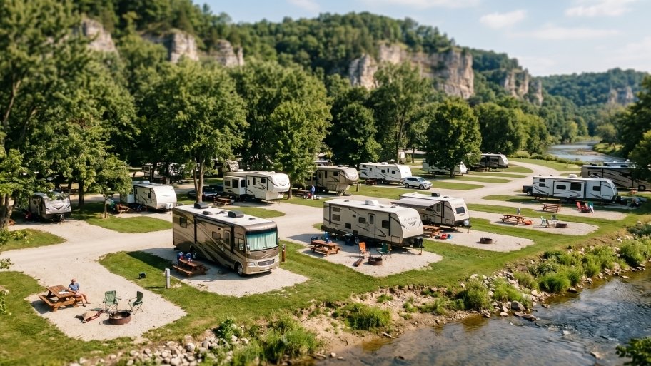 RV campsites RV park with riverside RV campsites at Bluffton Resort near Decorah, IA