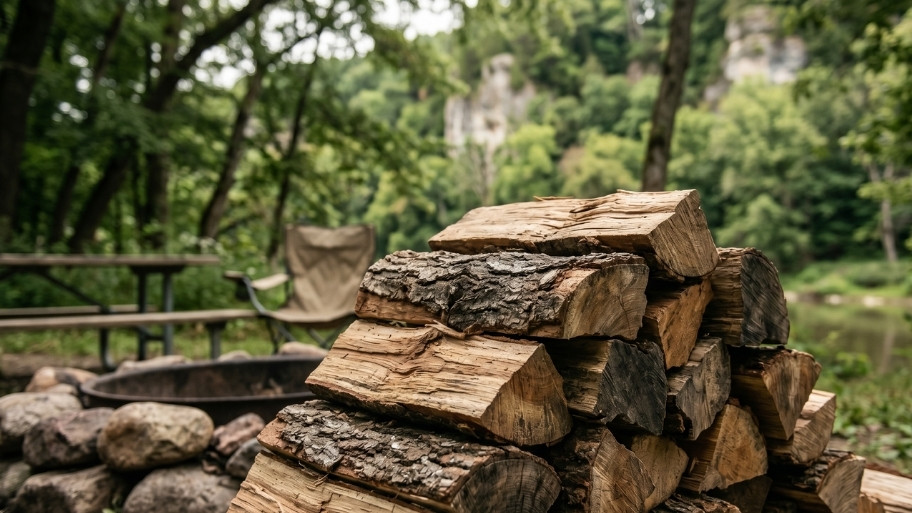 campfire-wood-supply-image Campground firewood sales at Bluffton Resort with stacked firewood ready for campfires