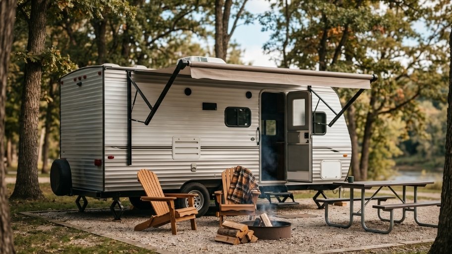 ready-camper-stay-image Camper rentals at Bluffton Resort with a camper set up at a campground near Decorah, IA