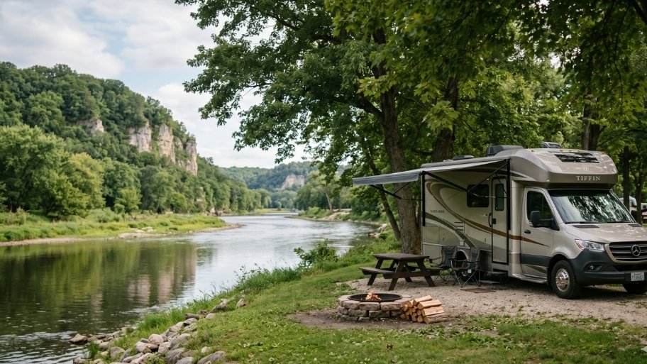 riverside-rv-camping-river Riverside RV site along the Upper Iowa River at Bluffton Resort near Decorah, IA