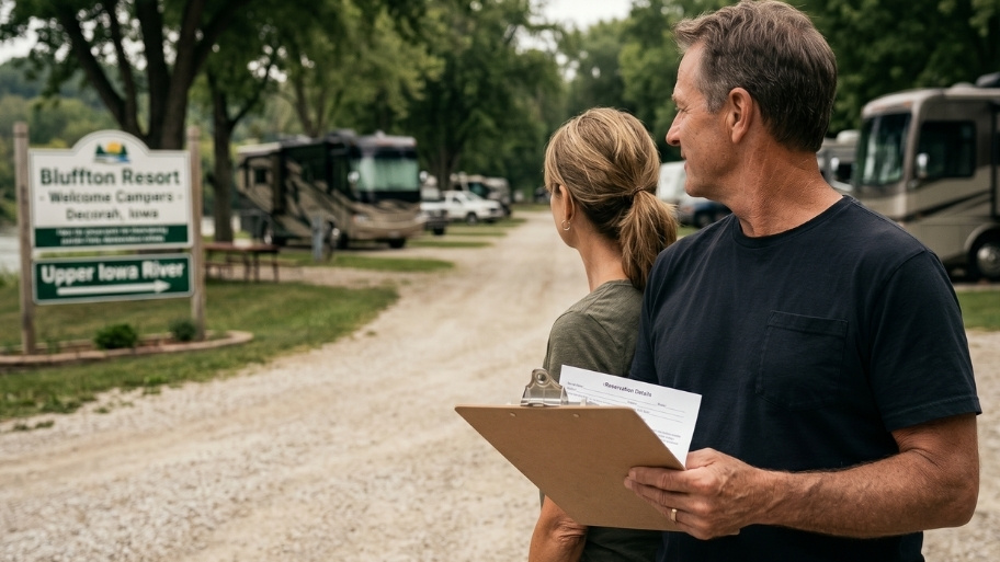 rv-campsite-reservations-checkin RV campsite reservations office and campground entrance at Bluffton Resort near Decorah, IA