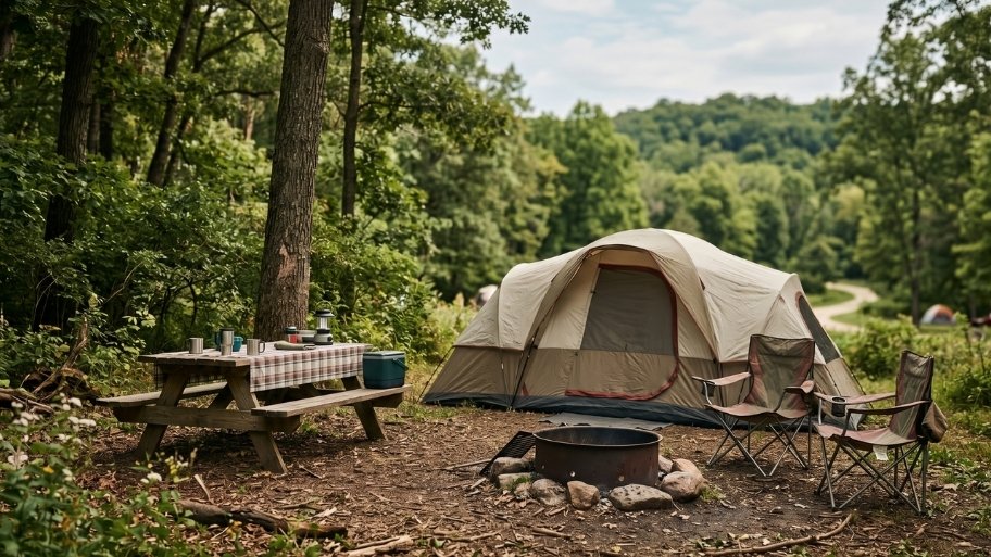 wooded-tent-camping-image Tent campsite rentals at Bluffton Resort in a wooded campground near Decorah, IA