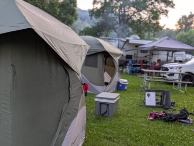 bluffton-iowa-campground Tent Campsite Rentals with tents set up at Bluffton Resort & Bar
