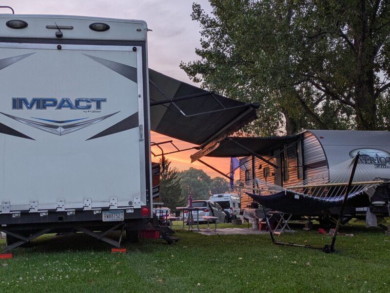 RV Park with campers set up on grassy sites at Bluffton Resort & Bar